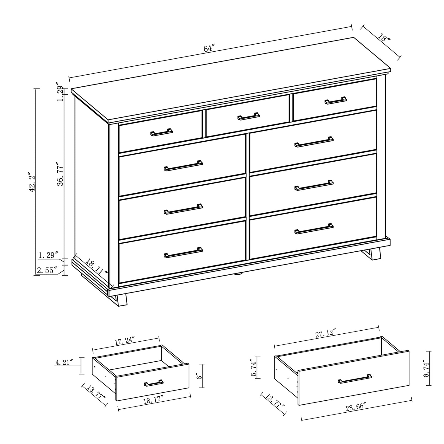 Festivo FDR22222 64" Bedroom Dresser with 9 Drawers-White