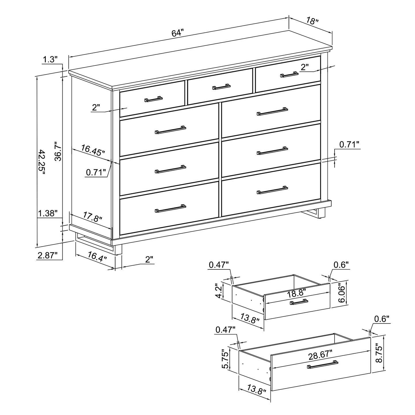 Festivo FDR22221 64" Bedroom Dresser with 9 Drawers-Beige