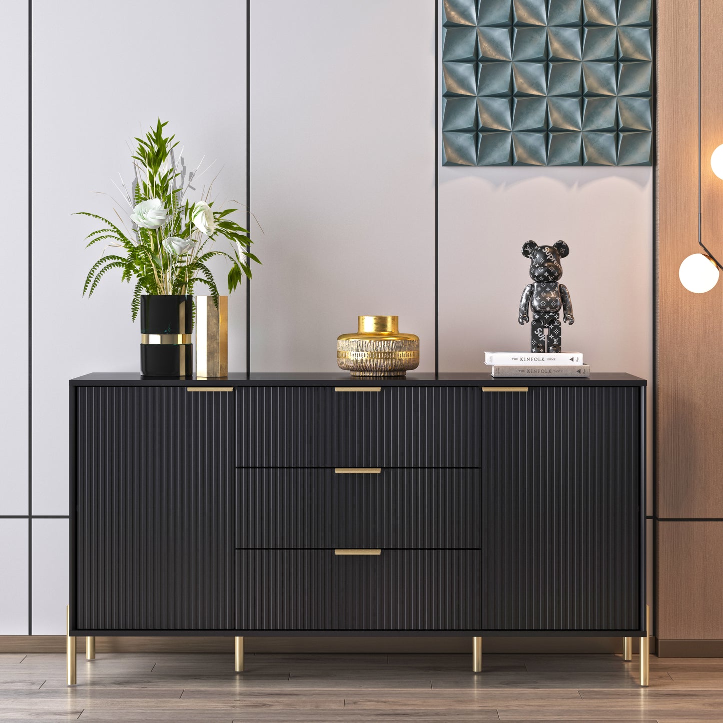 Festivo FDR23141 58" Bedroom Dresser with 3 Drawers-Black
