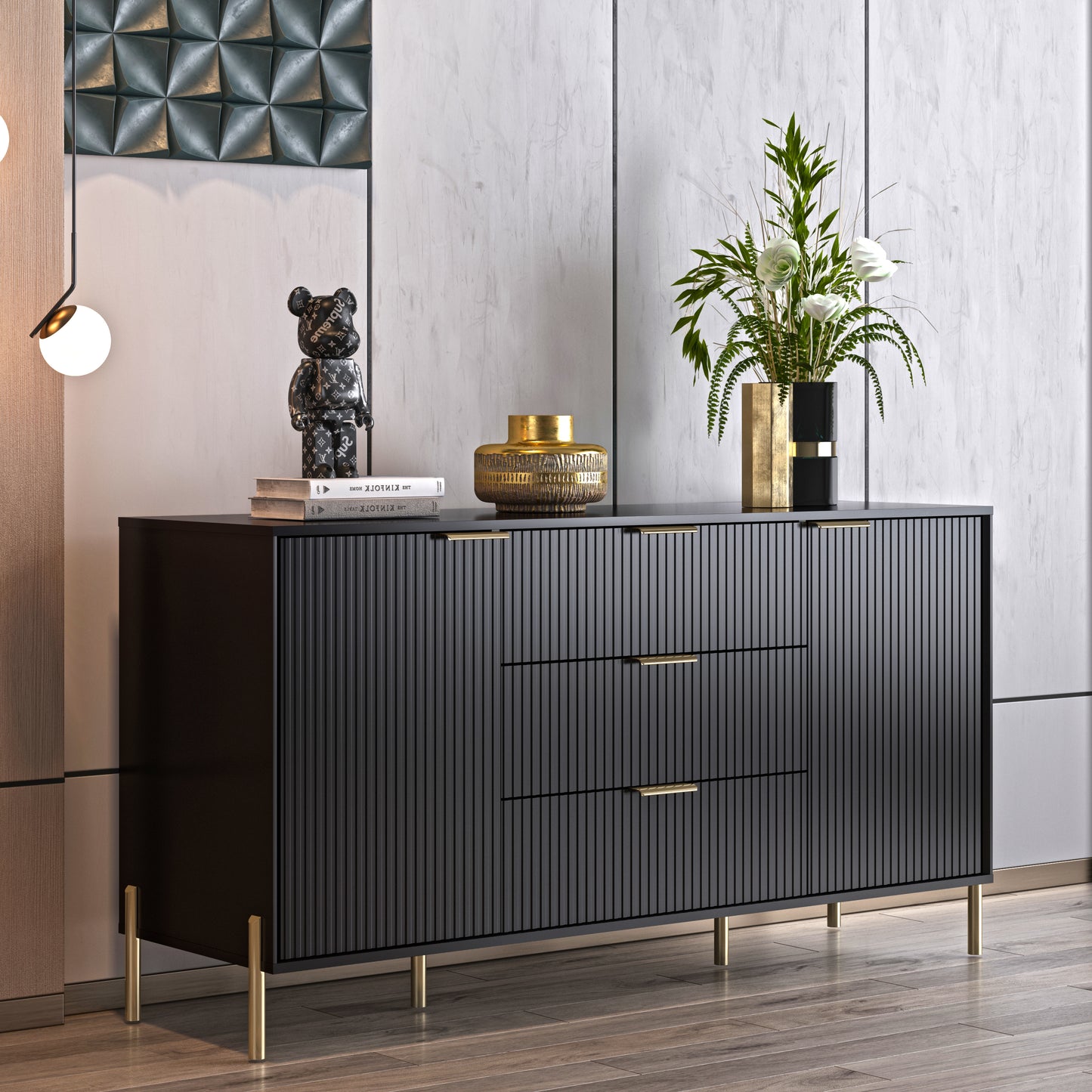 Festivo FDR23141 58" Bedroom Dresser with 3 Drawers-Black