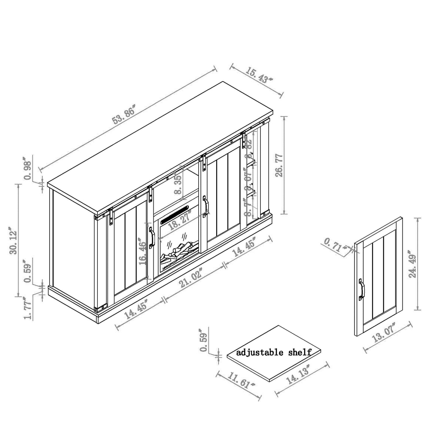 FestivoFFP20271 54" TV Stand with 18" Electric Fireplace & 2 Barn Door-White