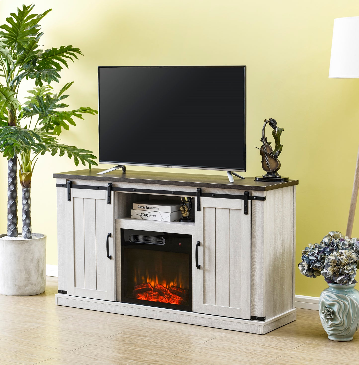 FestivoFFP20271 54" TV Stand with 18" Electric Fireplace & 2 Barn Door-White