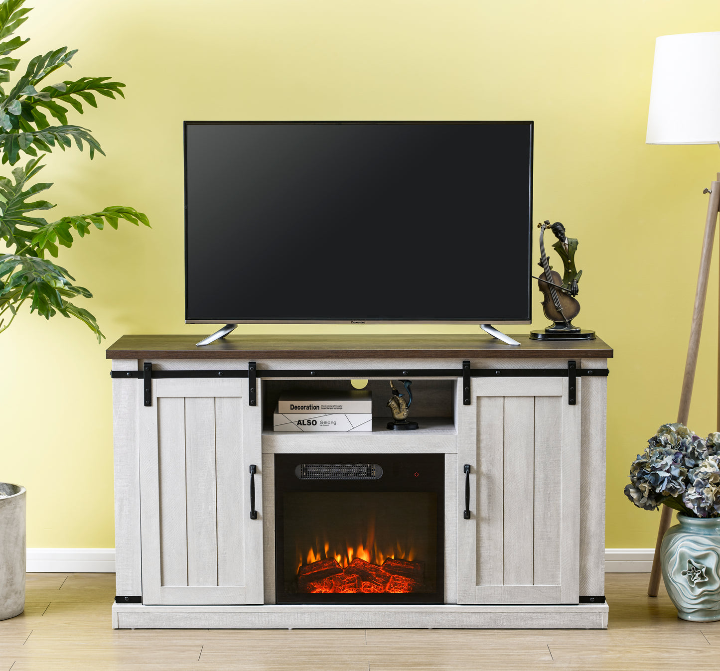 FestivoFFP20271 54" TV Stand with 18" Electric Fireplace & 2 Barn Door-White