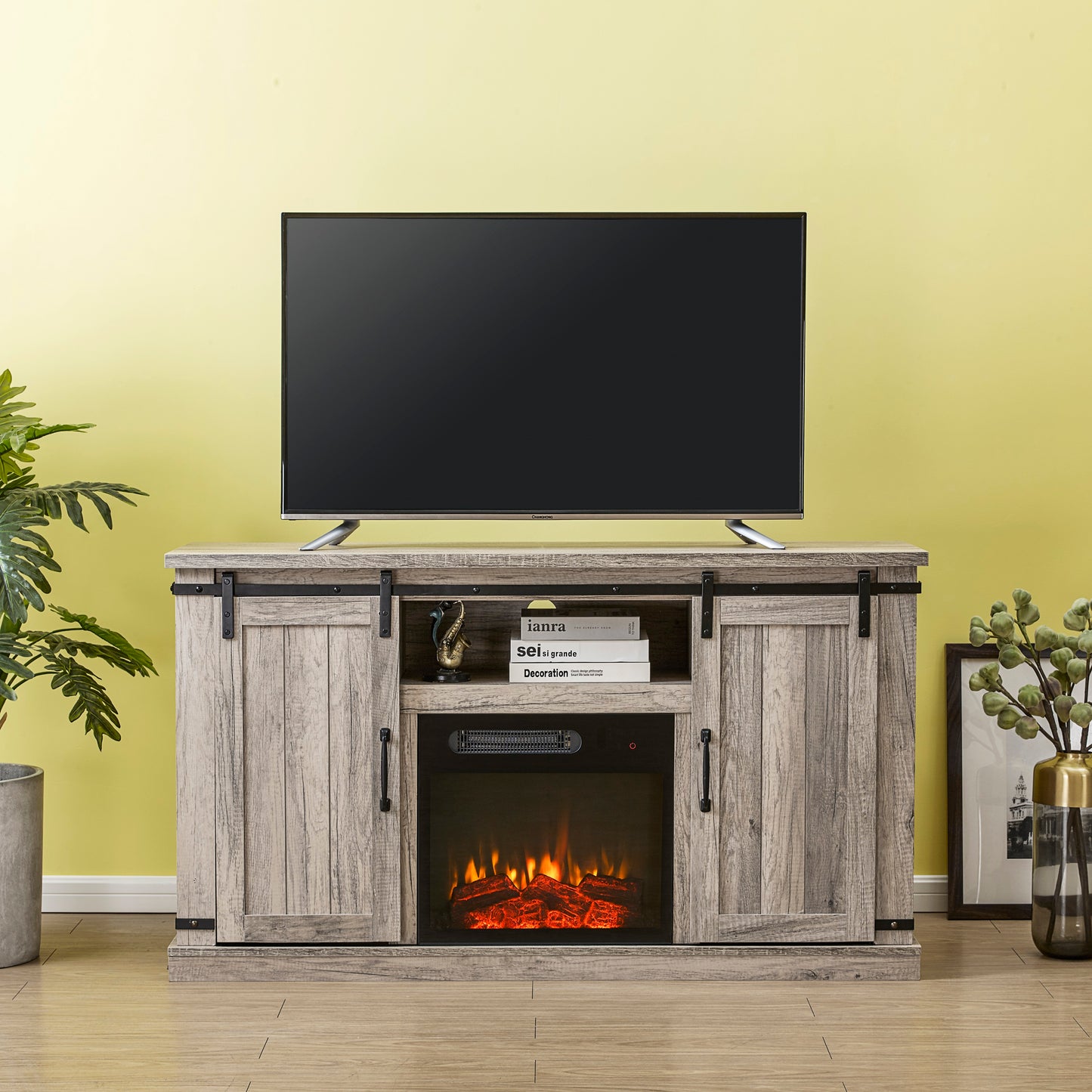 Festivo FFP20272 54" TV Stand with 18" Electric Fireplace & 2 Barn Door-Grey