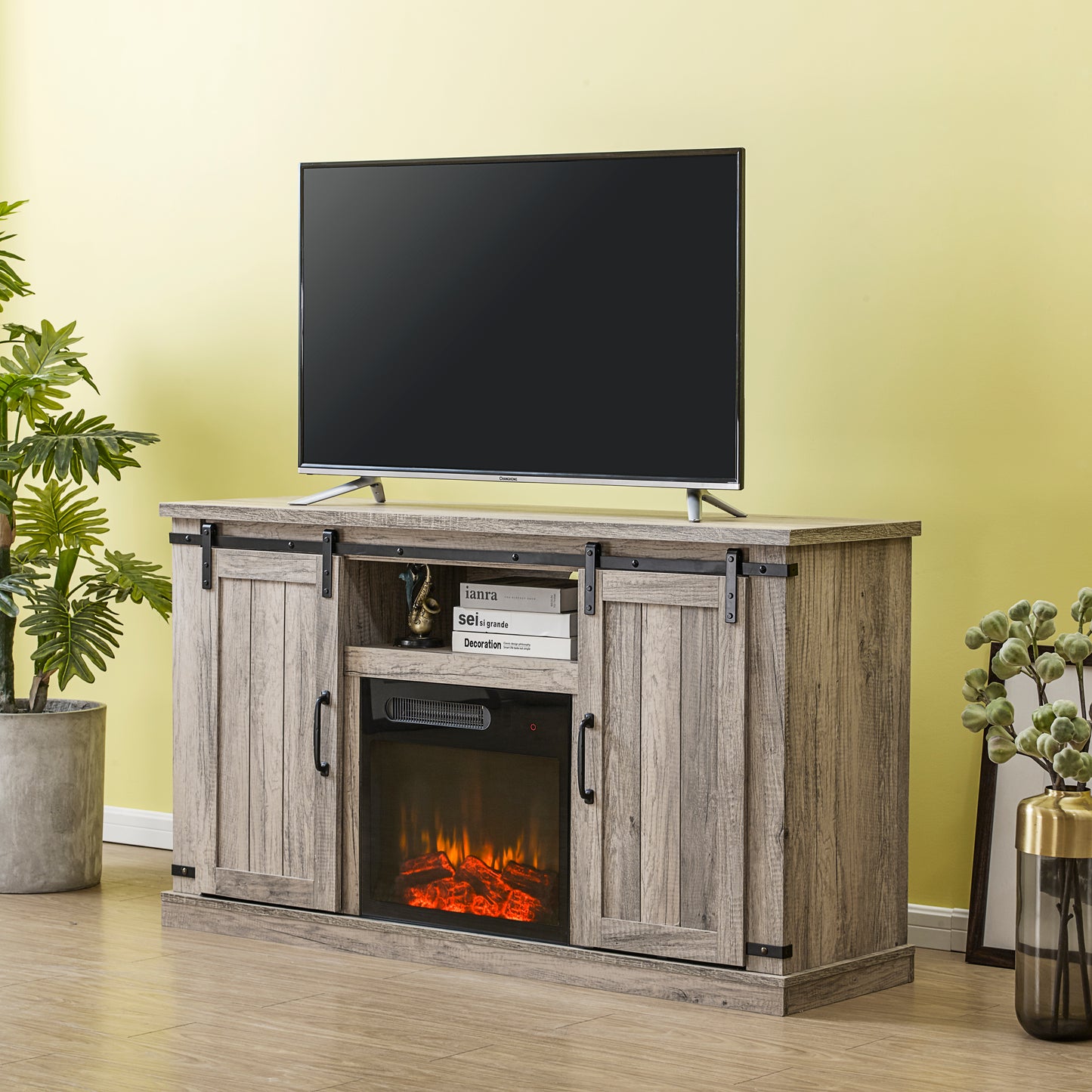 Festivo FFP20272 54" TV Stand with 18" Electric Fireplace & 2 Barn Door-Grey