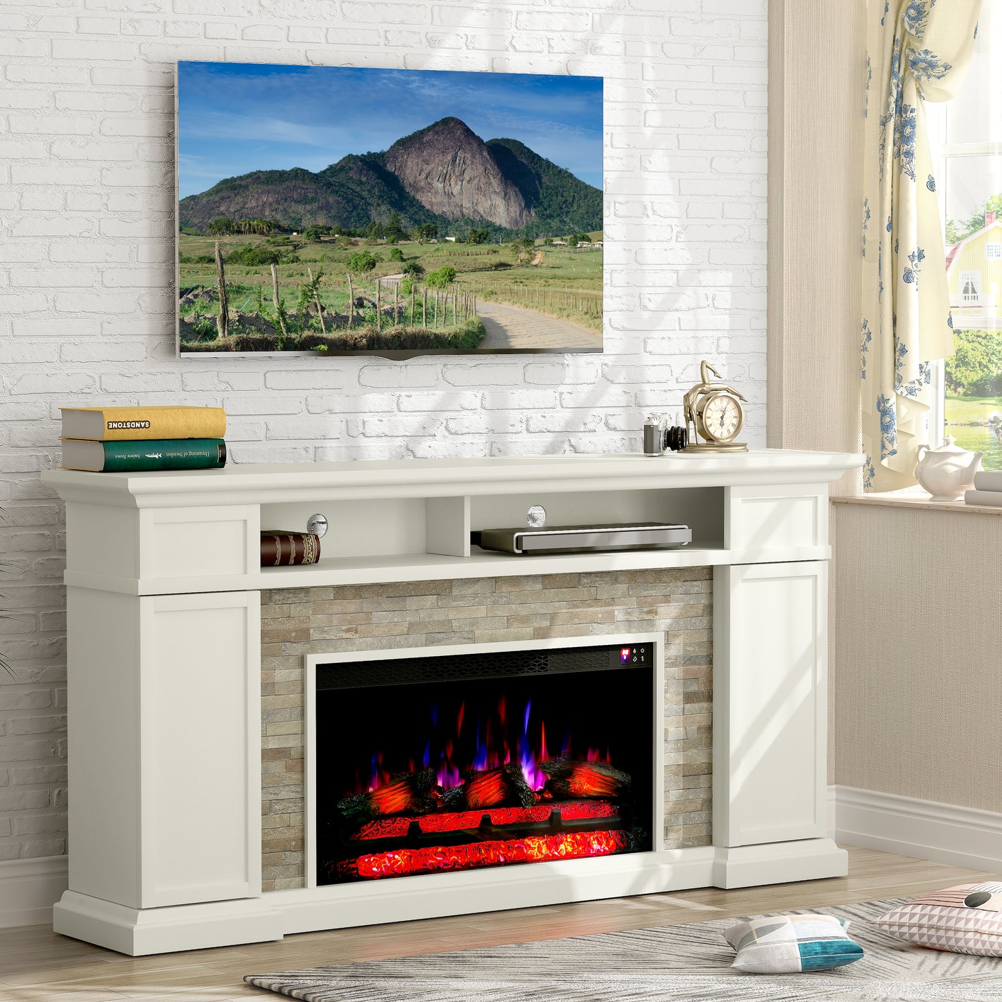 Festivo FFP24178 70" Electric Fireplace Mantel with Faux Brick-White