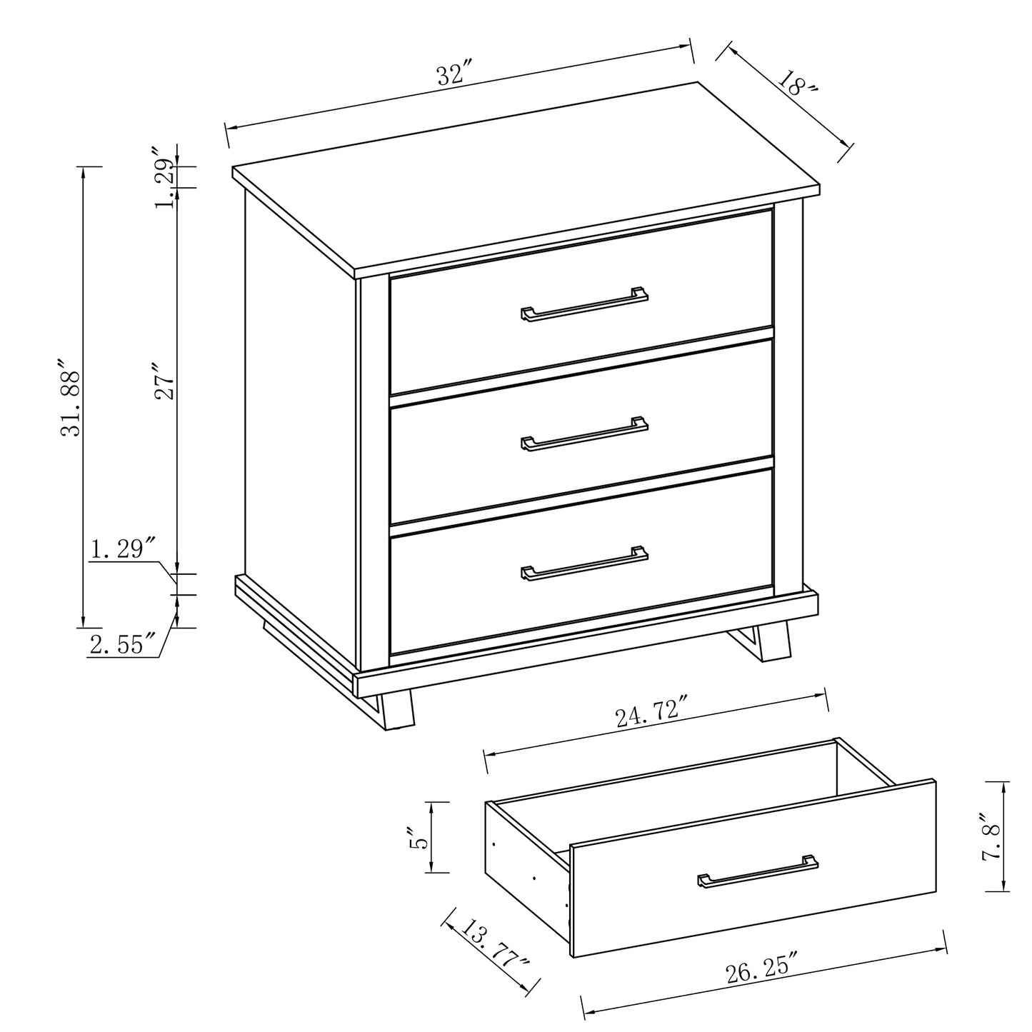 Festivo FNS22232 32" Bedroom Nightstands with 3 Drawers-White