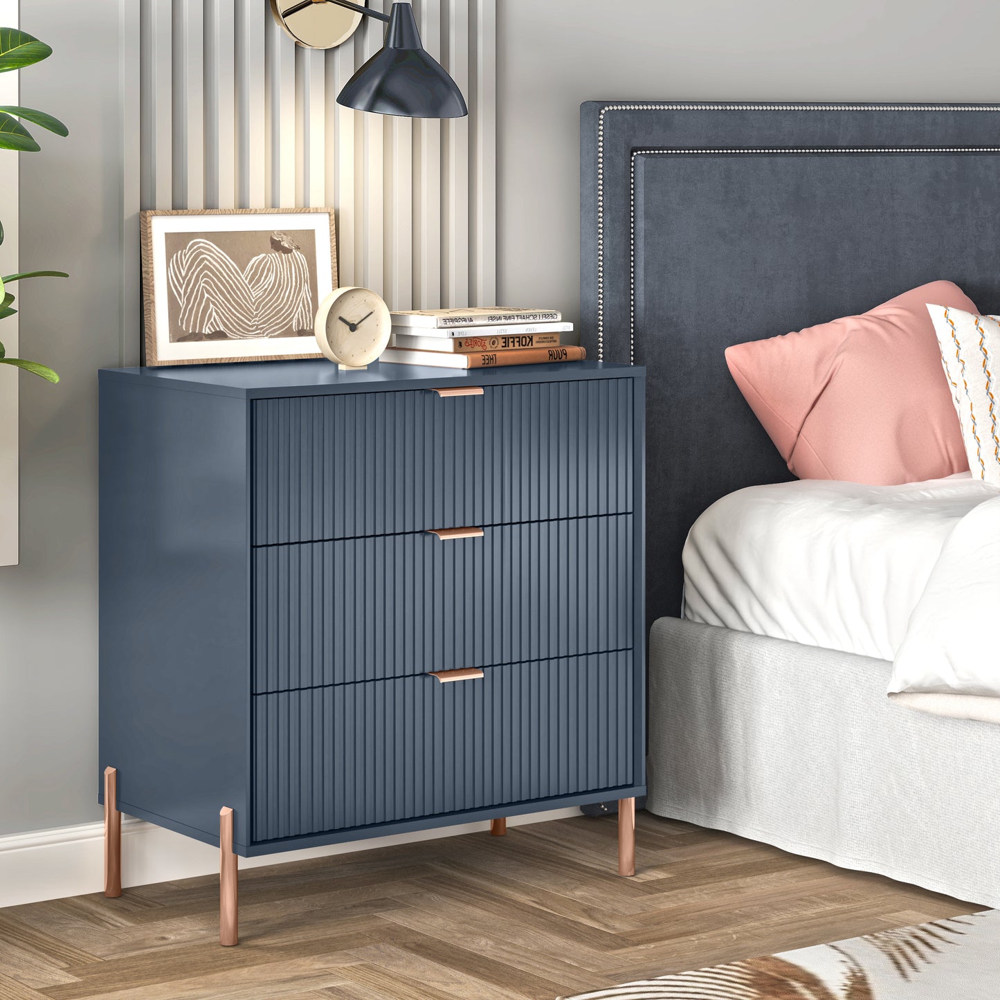 Festivo FNS23117 28" Bedroom Nightstands with 3 Drawers-Navy