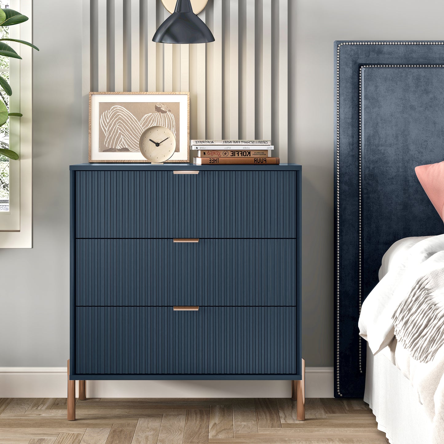 Festivo FNS23117 28" Bedroom Nightstands with 3 Drawers-Navy
