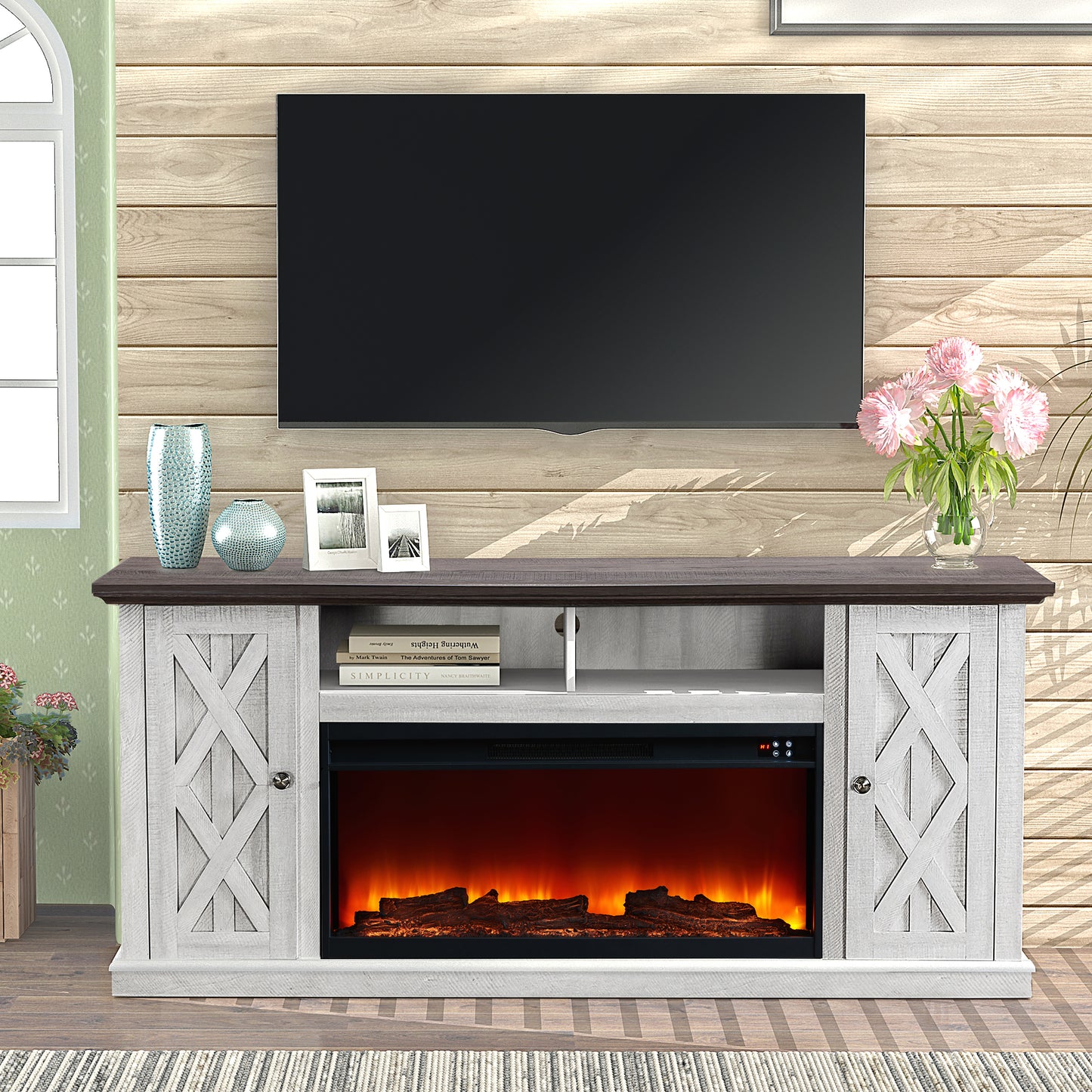 Festivo FTS21200 68" TV Stand with 36" Electric Fireplace-White