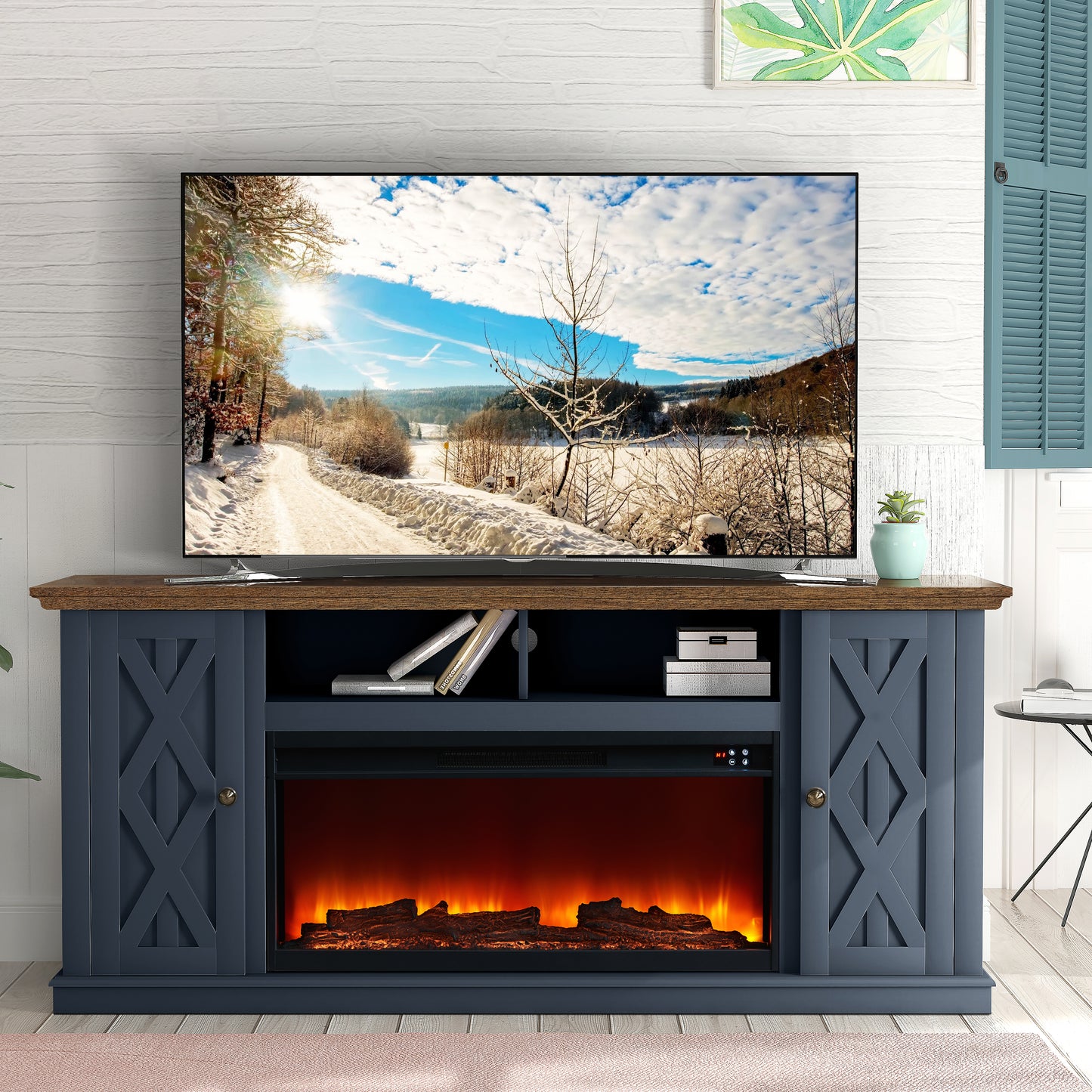 Festivo FTS22201 68" TV Stand with 36" Electric Fireplace-Navy