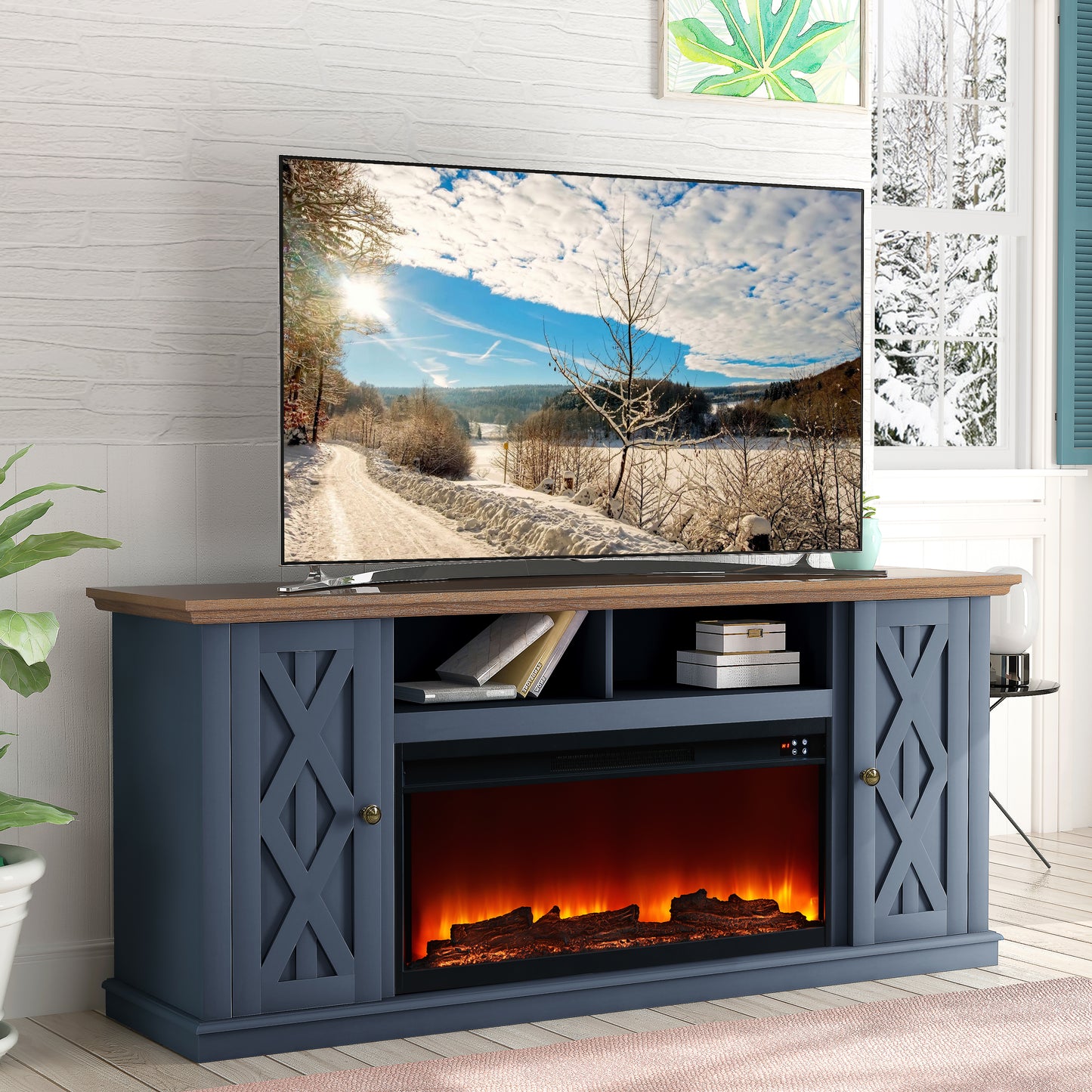 Festivo FTS22201 68" TV Stand with 36" Electric Fireplace-Navy