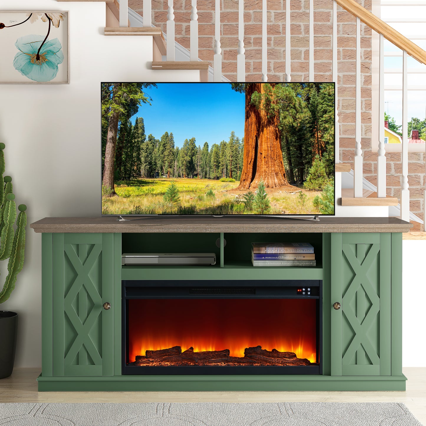 Festivo FTS22202 68" TV Stand with 36" Electric Fireplace-Green