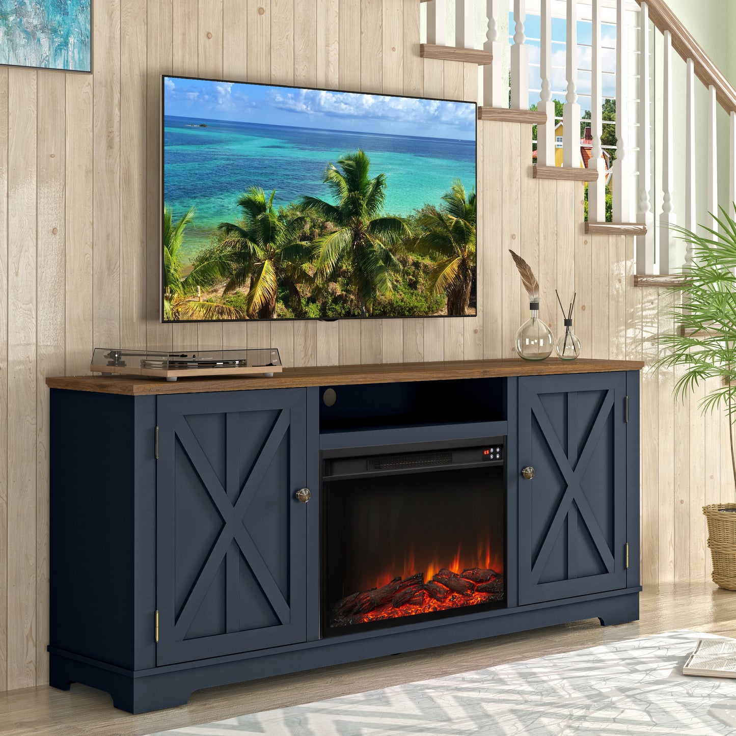 Festivo FTS22319 70" TV Stand with 26" Electric Fireplace-Navy