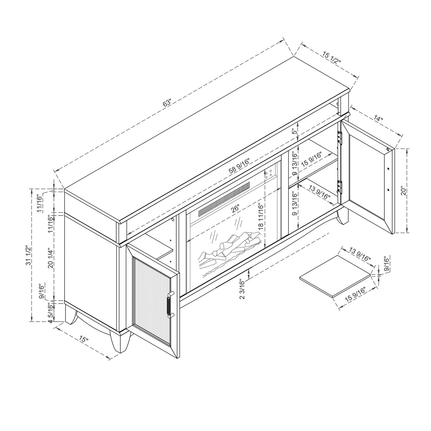 Festivo FTS23222 63" TV Stand with 26" Electric Fireplace-White