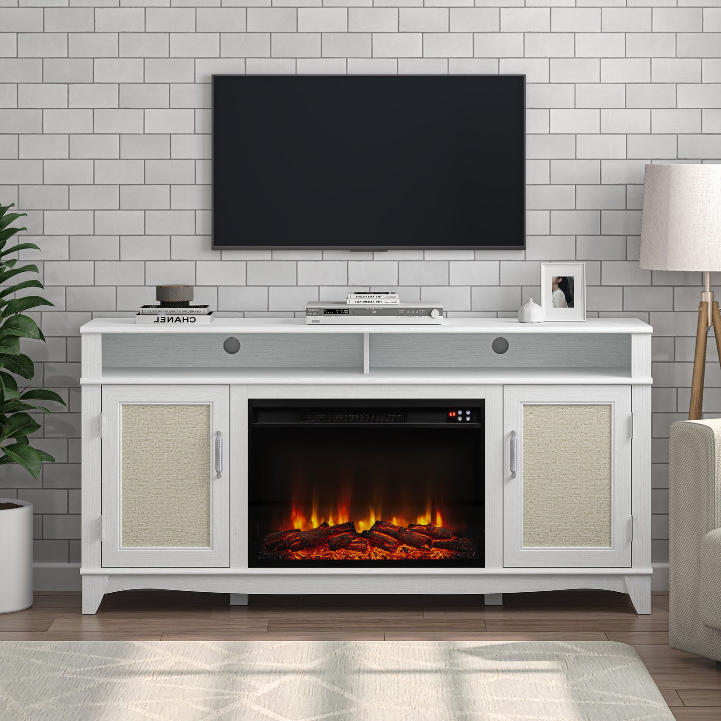 Festivo FTS23222 63" TV Stand with 26" Electric Fireplace-White