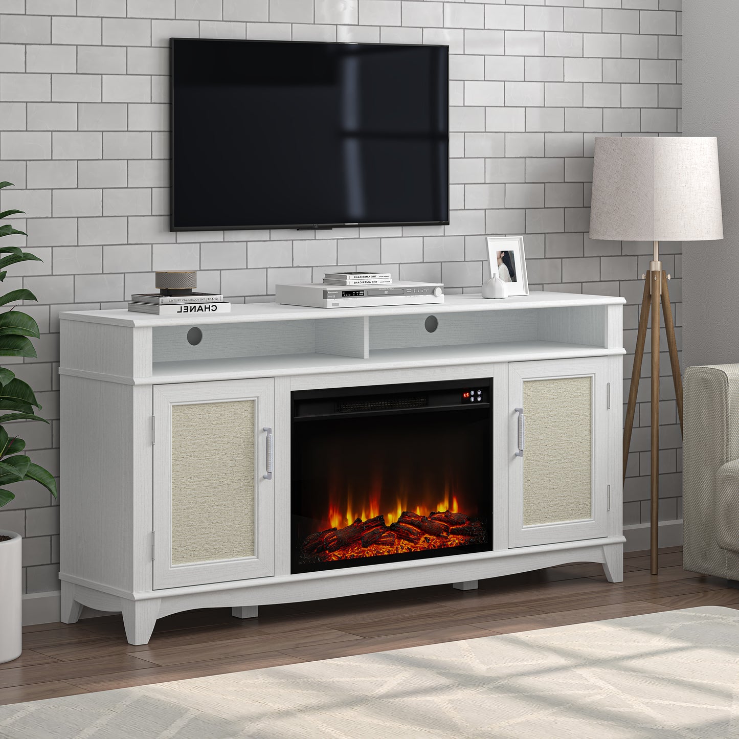 Festivo FTS23222 63" TV Stand with 26" Electric Fireplace-White