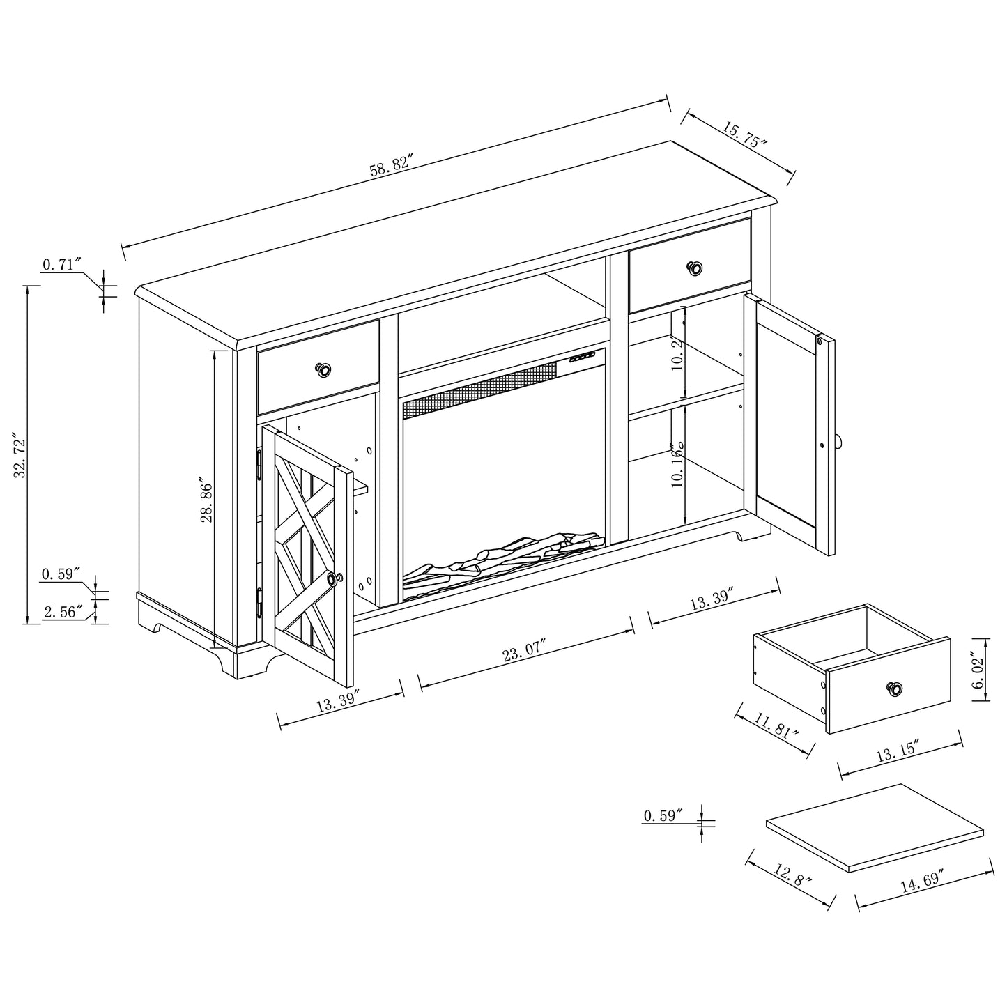 Festivo FTS23226 60" TV Stand with 23" Electric Fireplace-White