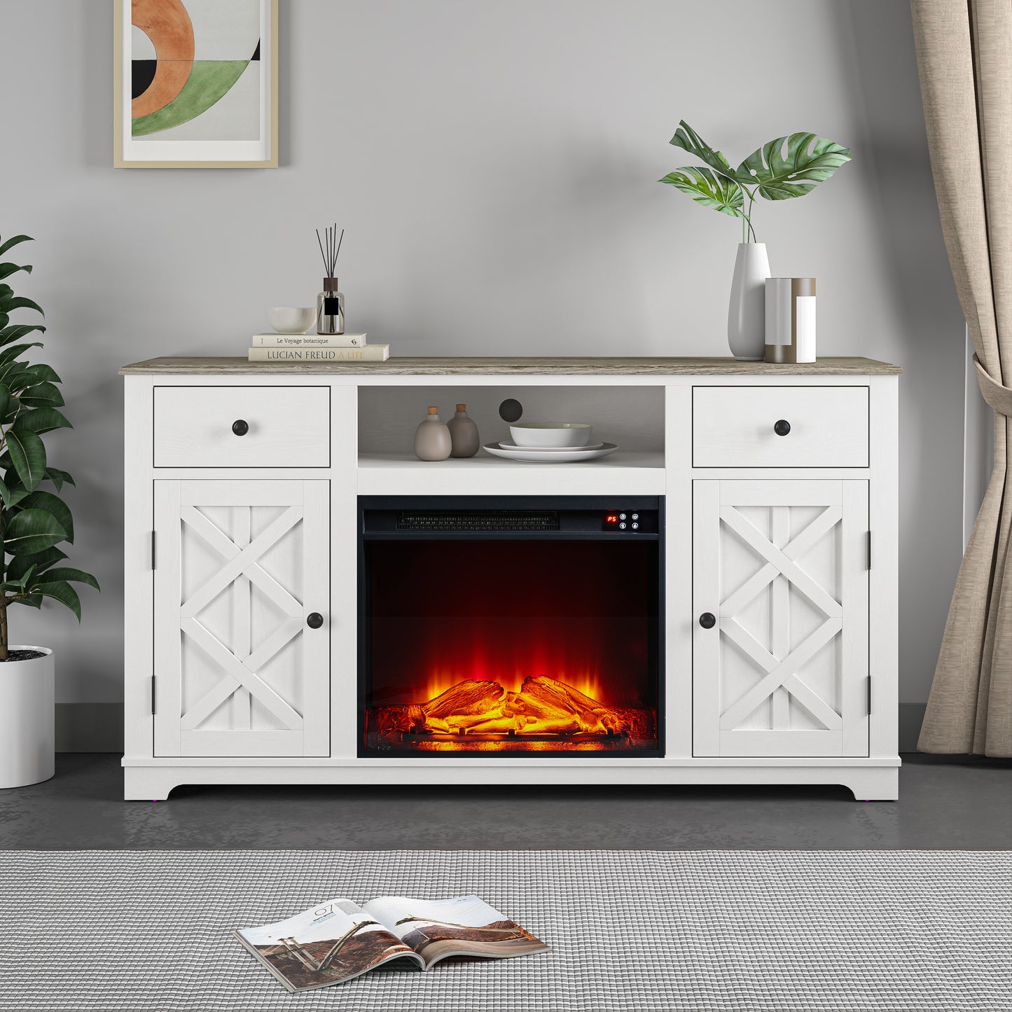 Festivo FTS23226 60" TV Stand with 23" Electric Fireplace-White