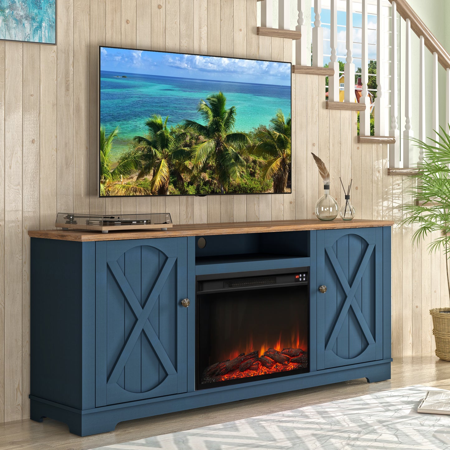 Festivo FTS23235 70" TV Stand with 26" Electric Fireplace-Navy