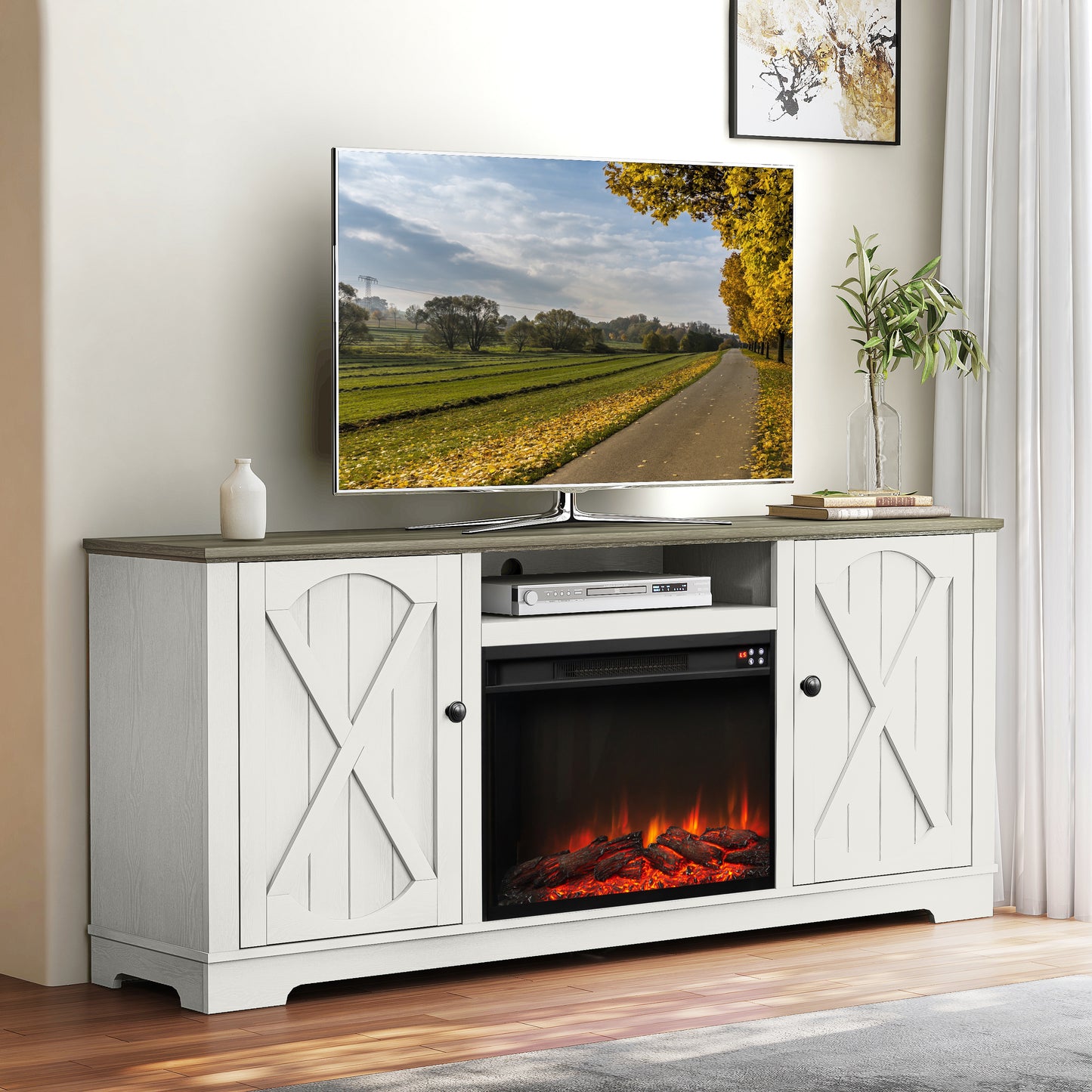 Festivo FTS23236 70" TV Stand with 26" Electric Fireplace-White