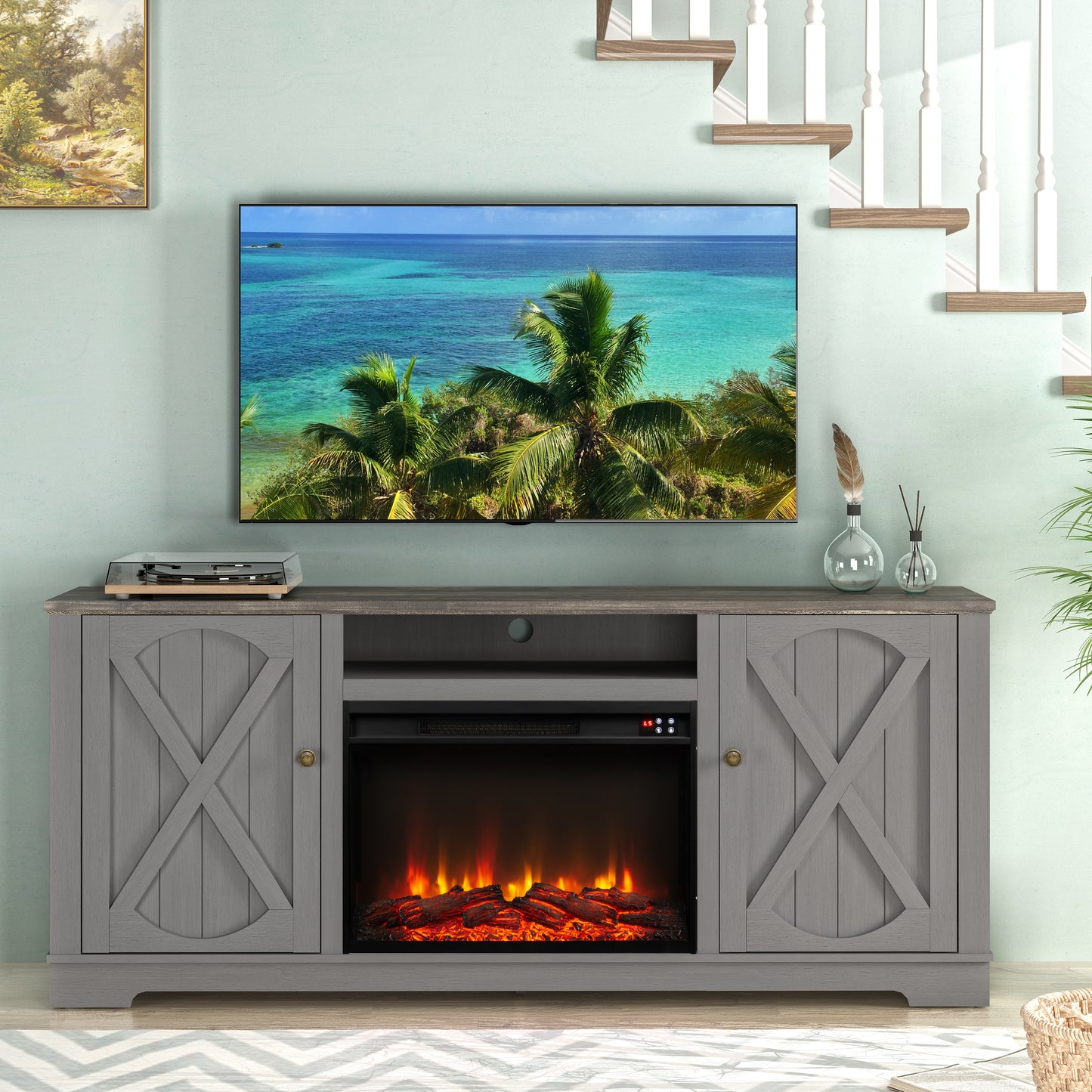 Festivo FTS23237 70" TV Stand with 26" Electric Fireplace-Grey