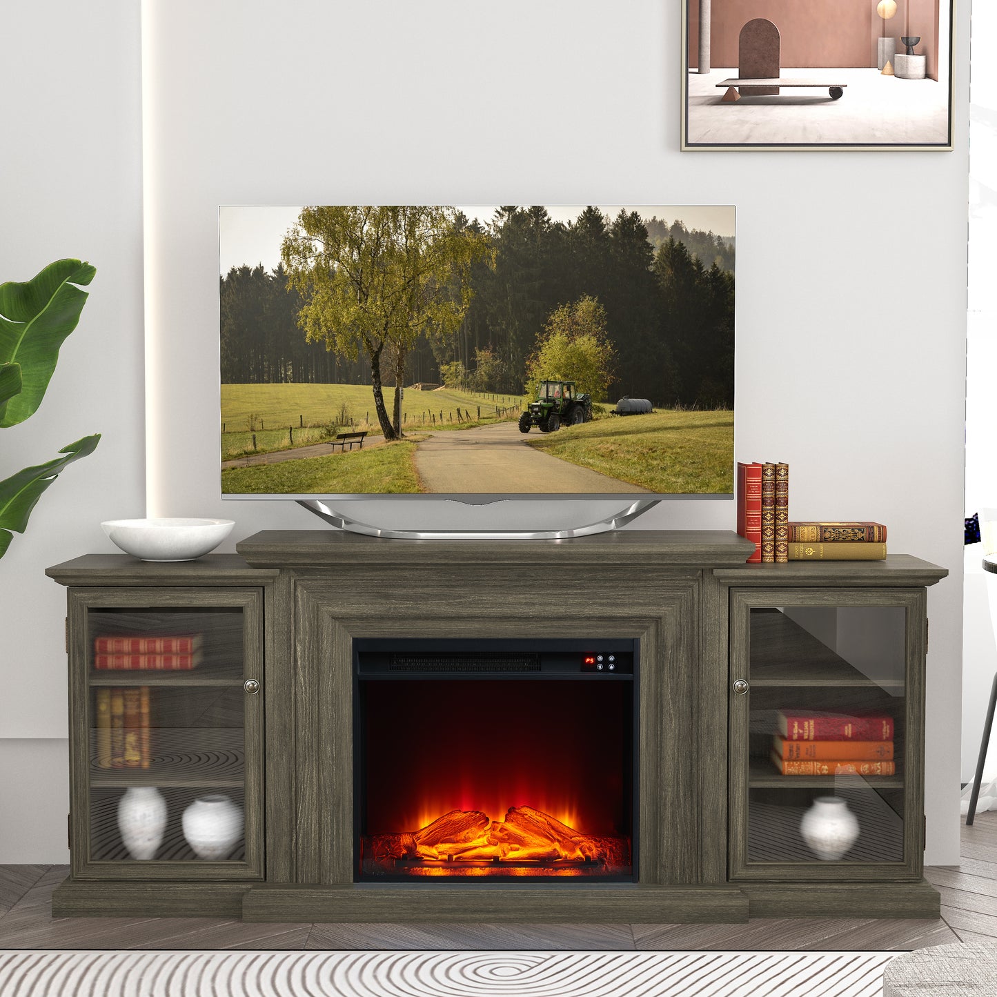 Festivo FTS23321 70" TV Stand with 23" Electric Fireplace-Brown