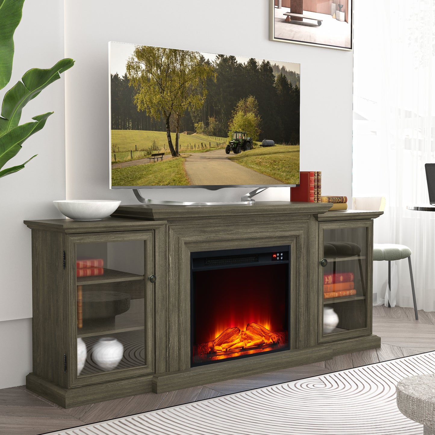 Festivo FTS23321 70" TV Stand with 23" Electric Fireplace-Brown