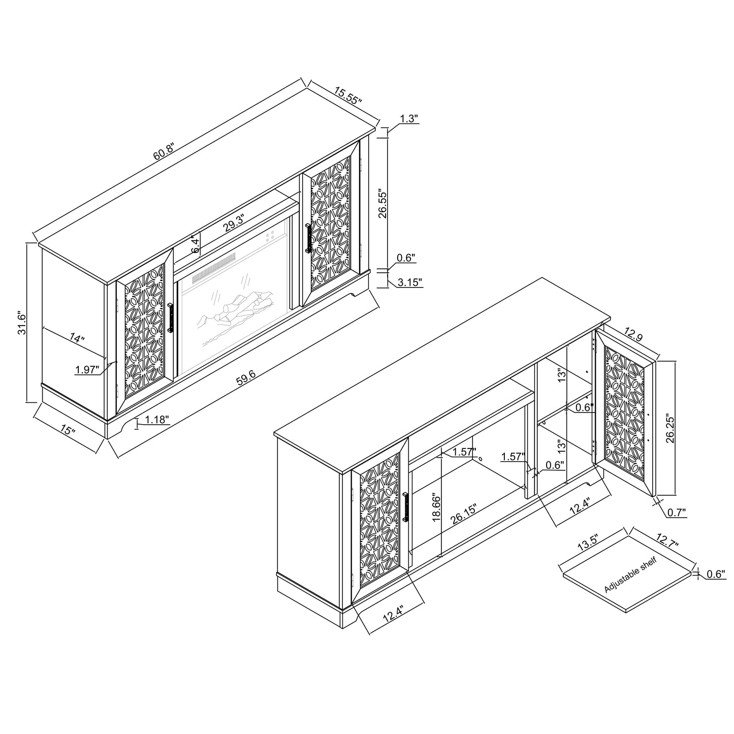 Festivo FTS23521 60" TV Stand with 26" Electric Fireplace-Grey