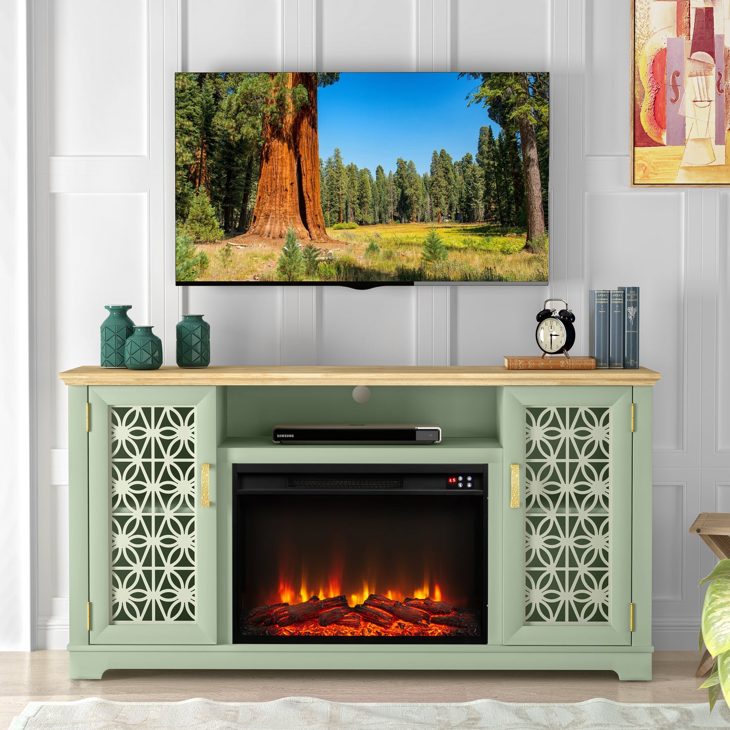 Festivo FTS23520 60" TV Stand with 26" Electric Fireplace-Green