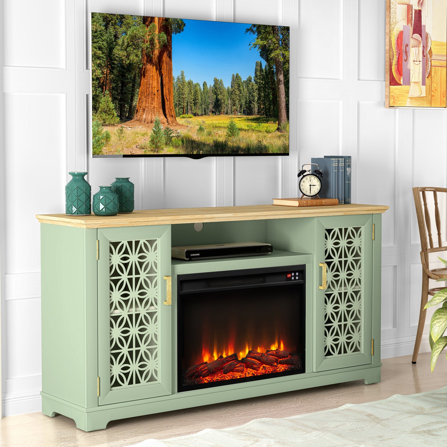 Festivo FTS23520 60" TV Stand with 26" Electric Fireplace-Green