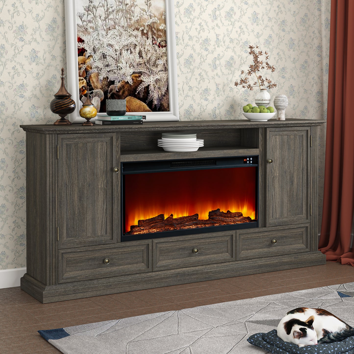 Festivo FTS23530 73" TV Stand with 36" Electric Fireplace-Brown