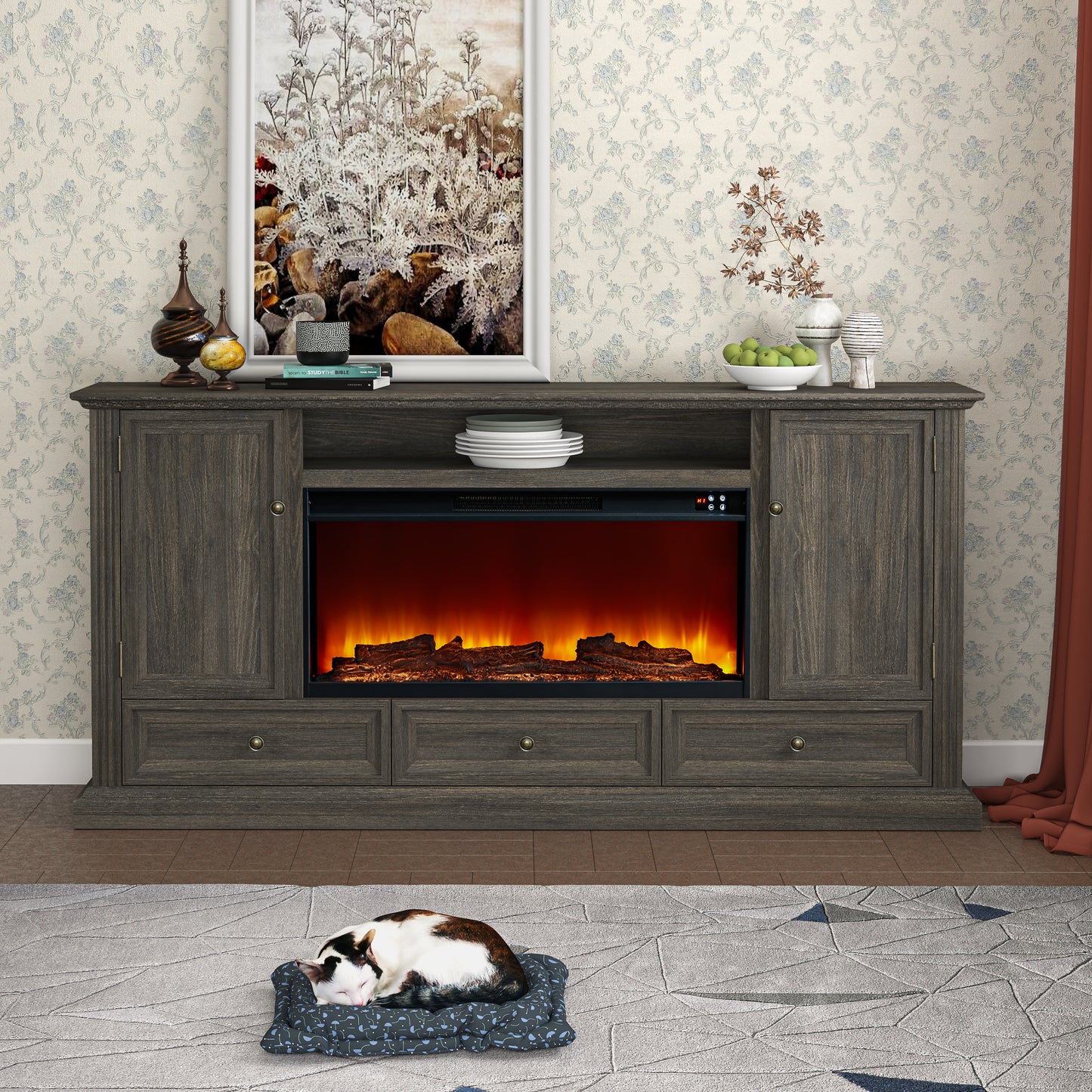 Festivo FTS23530 73" TV Stand with 36" Electric Fireplace-Brown