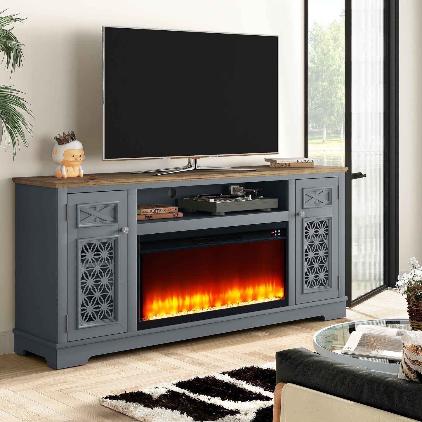 Festivo FTS24271 70" TV Stand with 36" Electric Fireplace-Grey