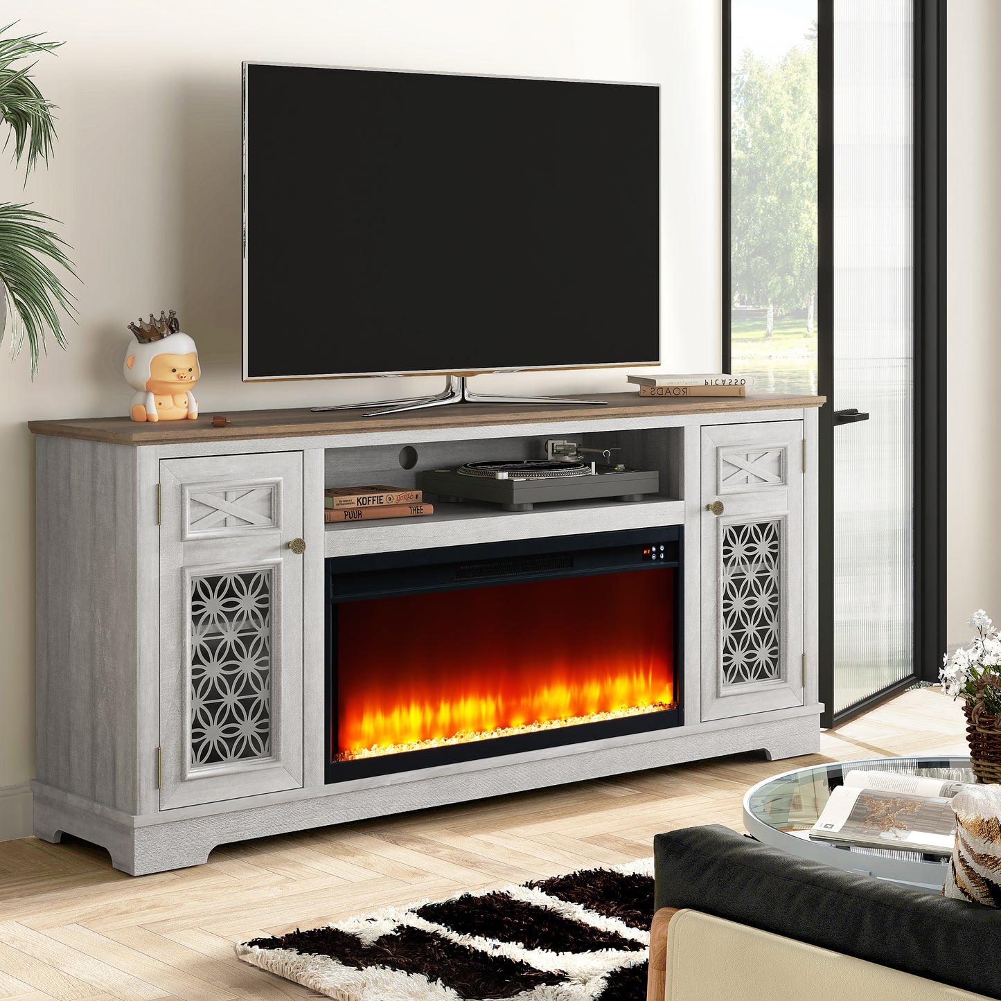 Festivo FTS24272 70" TV Stand with 36" Electric Fireplace-OffWhite