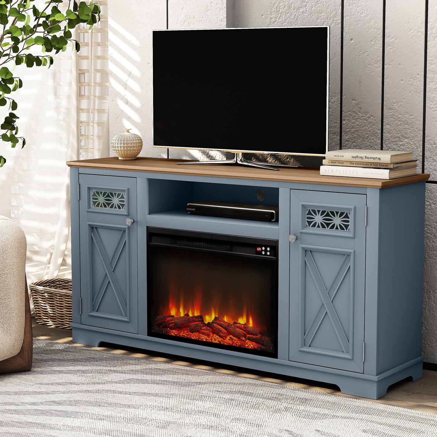 Festivo FTS24280 61" TV Stand with 26" Electric Fireplace-Blue