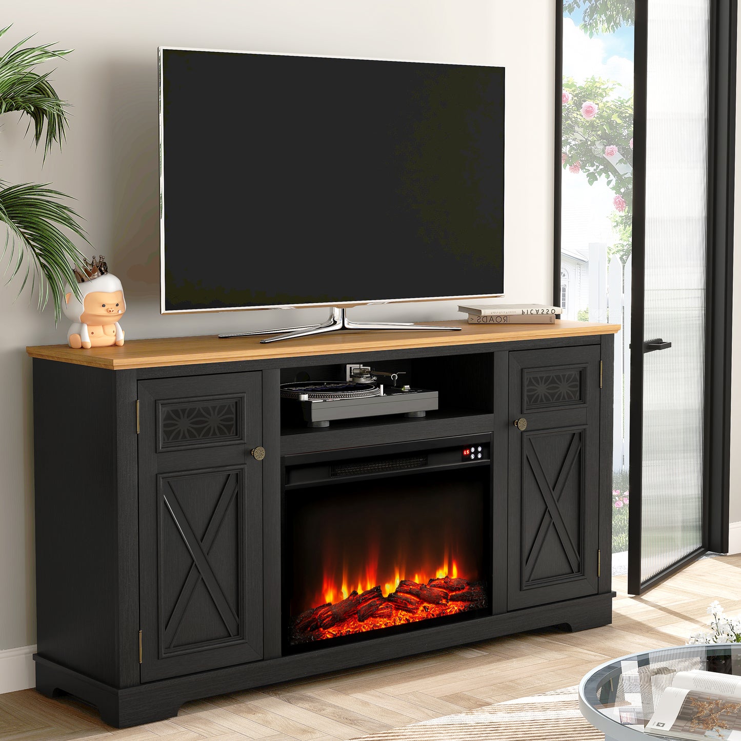 Festivo FTS24282 61" TV Stand with 26" Electric Fireplace-Black