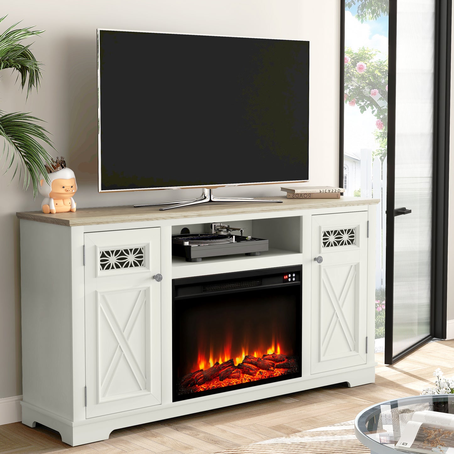 Festivo FTS24283 61" TV Stand with 26" Electric Fireplace-White