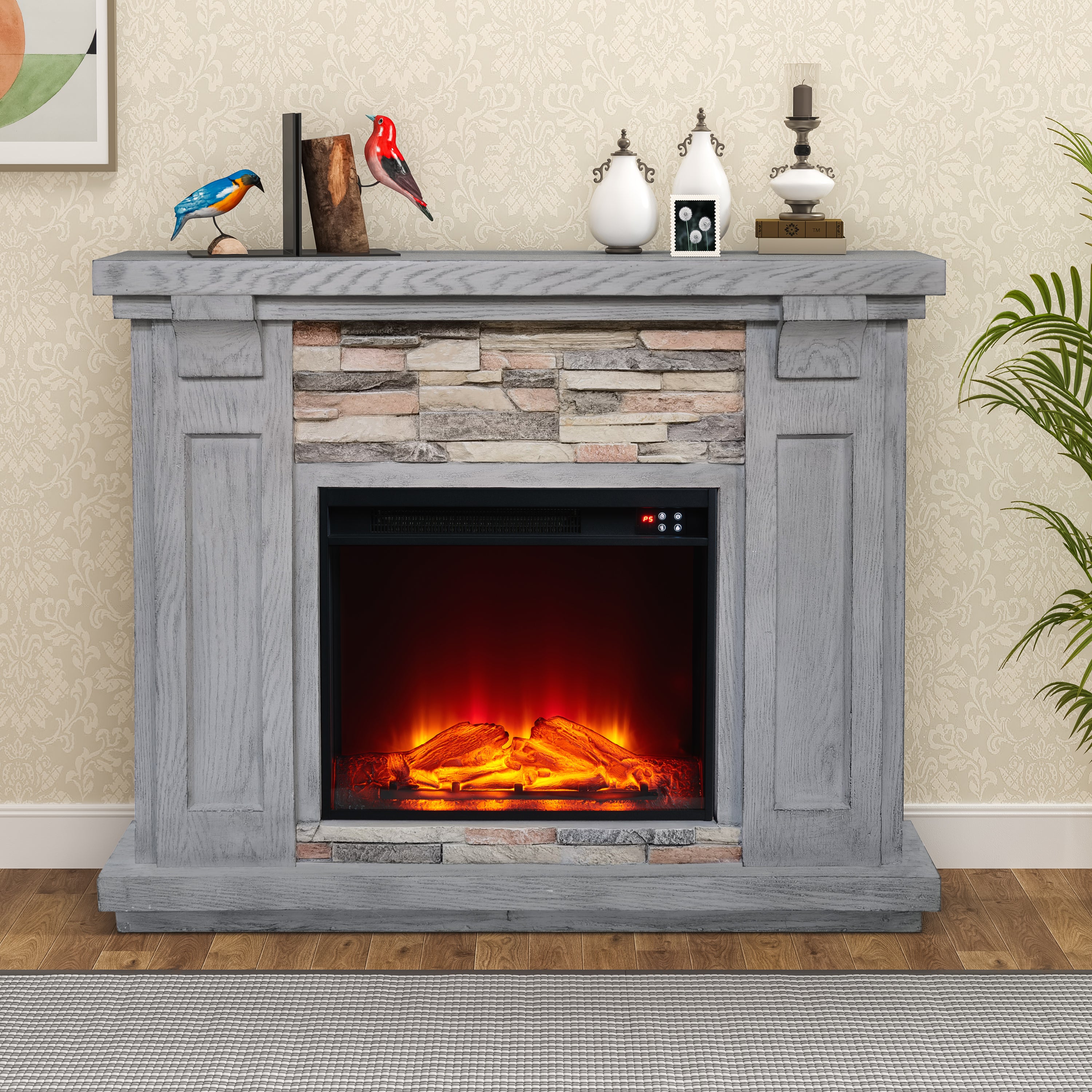 Festivo FFP21234 40" Electric Fireplace Mantel with Faux Brick-Grey - Thumbnail 5
