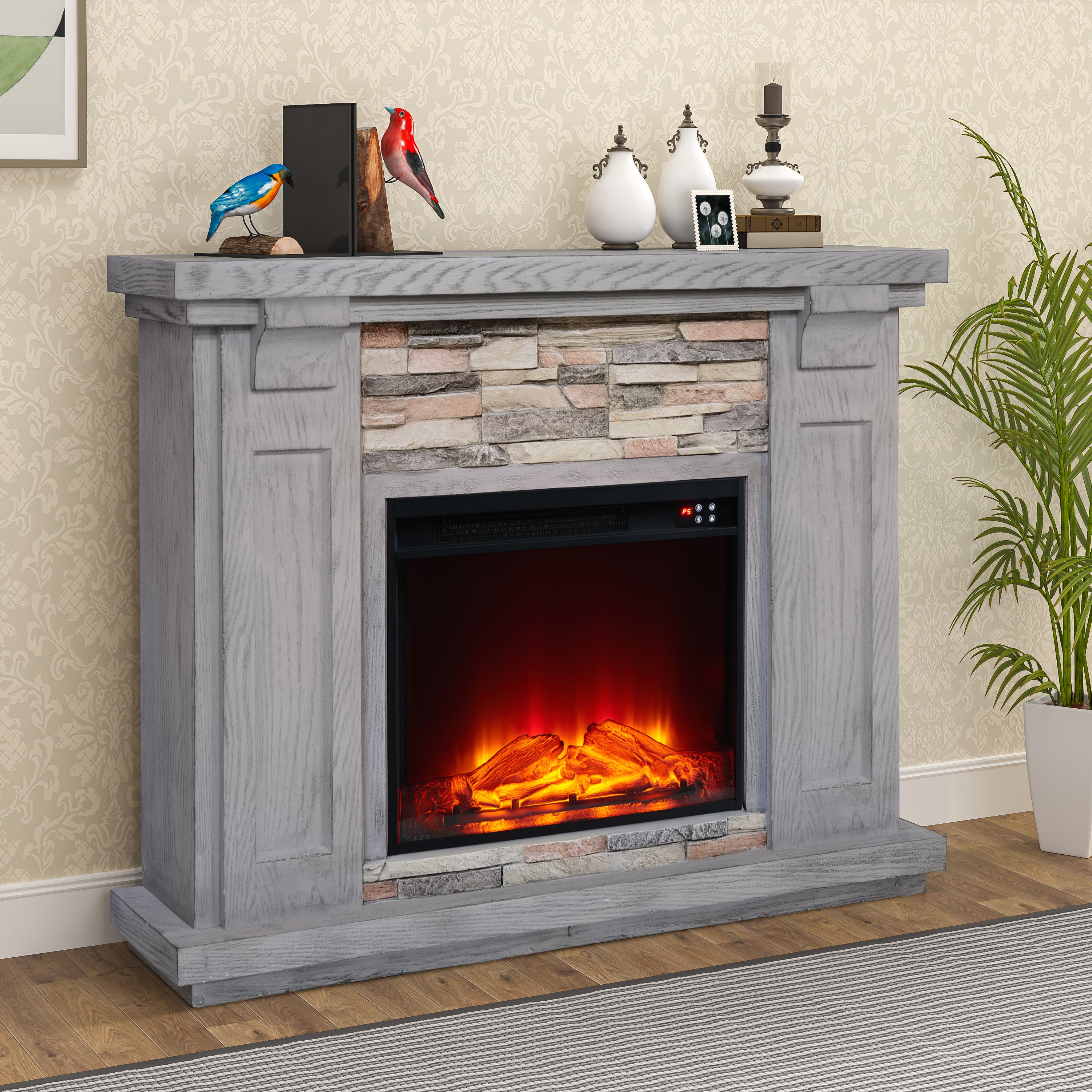 Festivo FFP21234 40" Electric Fireplace Mantel with Faux Brick-Grey - Thumbnail 3