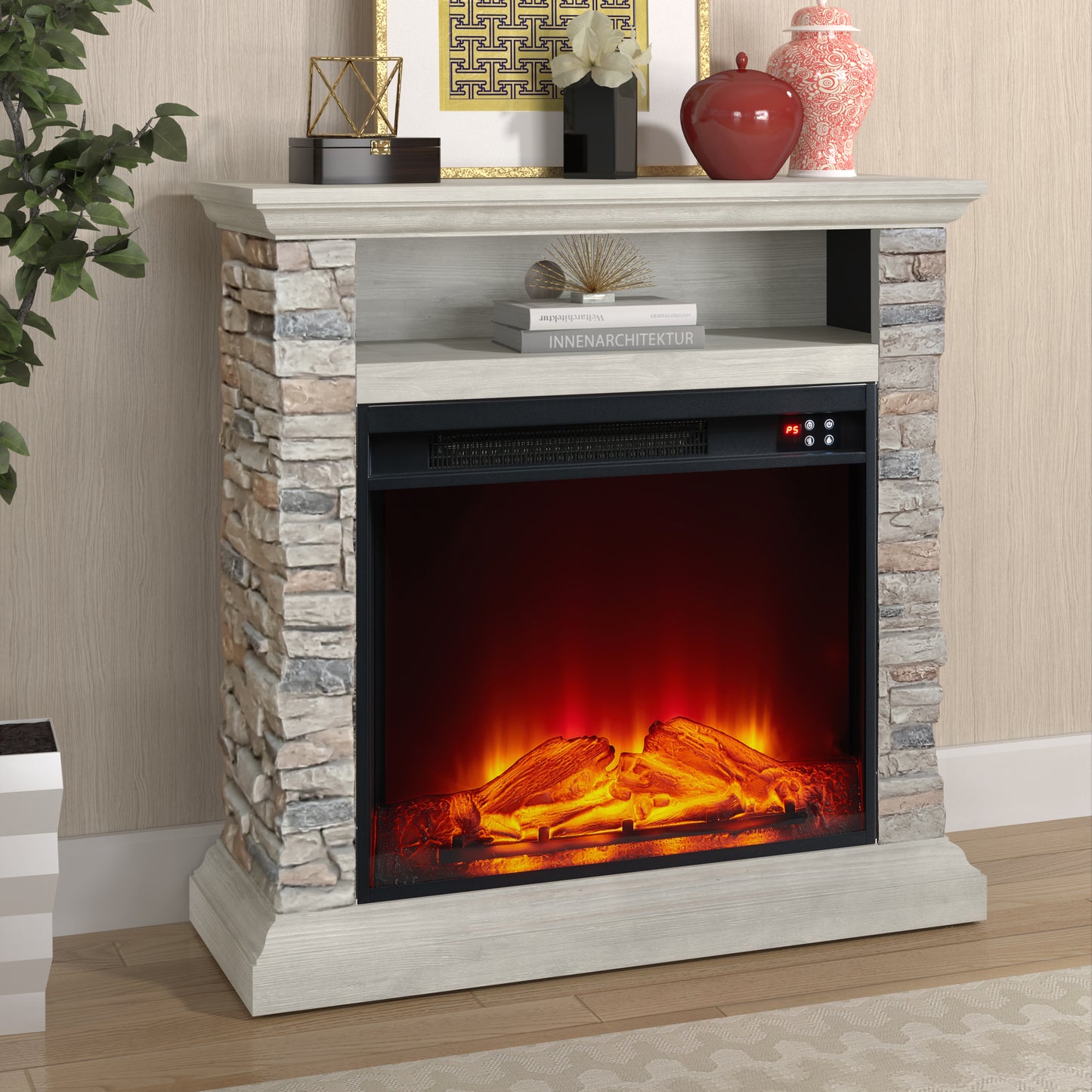 Festivo FFP24120 32" Electric Fireplace Mantel with Faux Brick-Grey