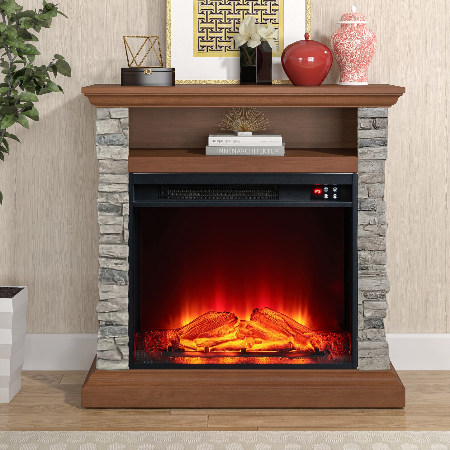 Festivo FFP24121 32" Electric Fireplace Mantel with Faux Brick-Brown