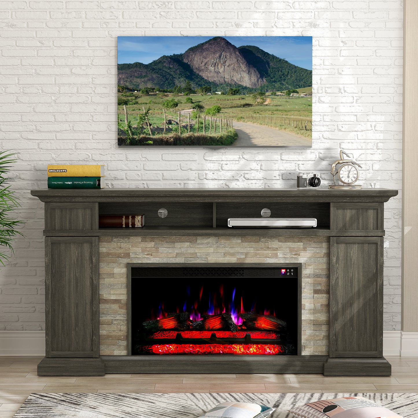 Festivo FFP24176 70" Electric Fireplace Mantel with Faux Brick-Brown
