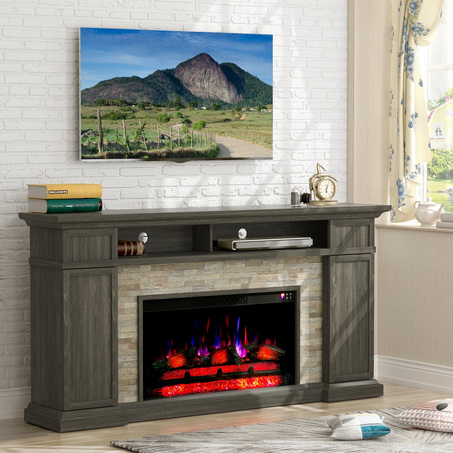 Festivo FFP24176 70" Electric Fireplace Mantel with Faux Brick-Brown
