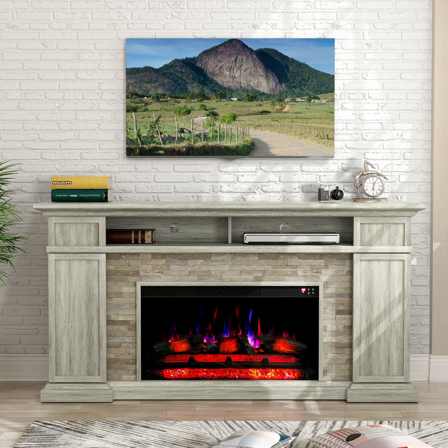 Festivo FFP24177 70" Electric Fireplace Mantel with Faux Brick-Grey