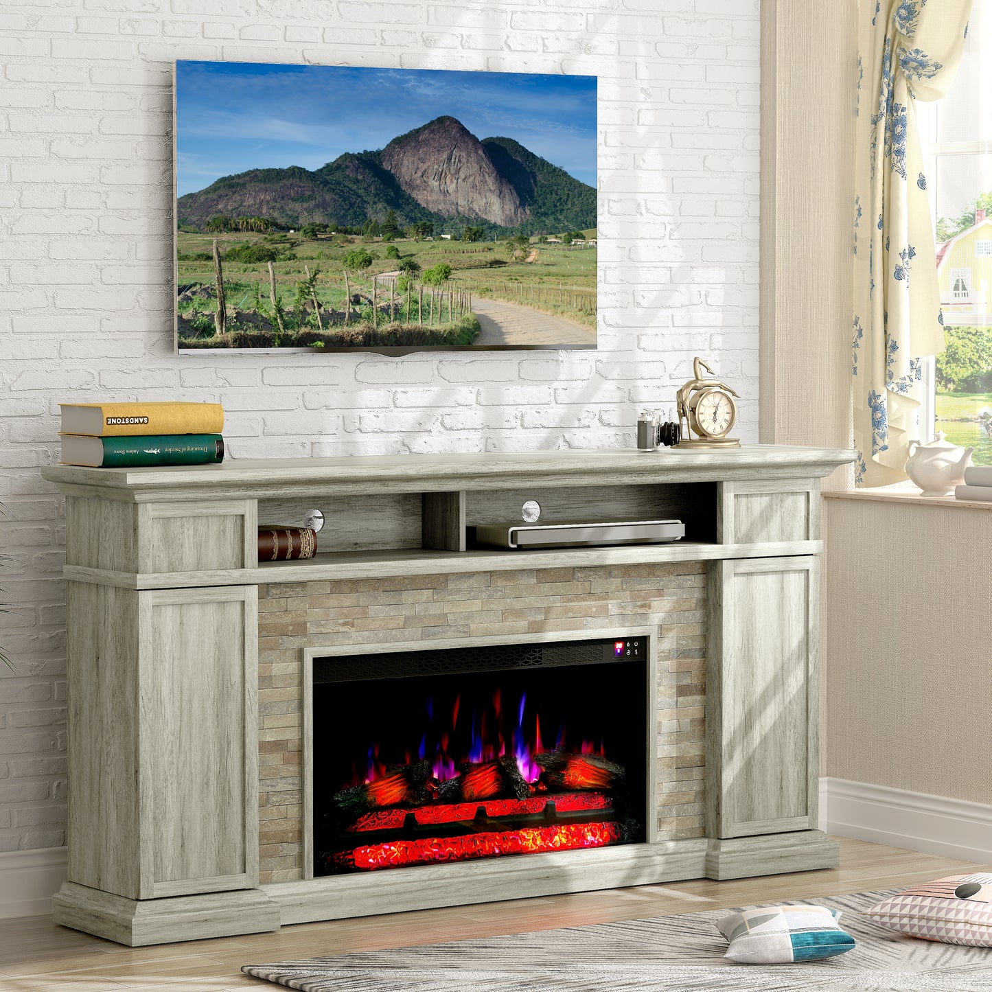 Festivo FFP24177 70" Electric Fireplace Mantel with Faux Brick-Grey