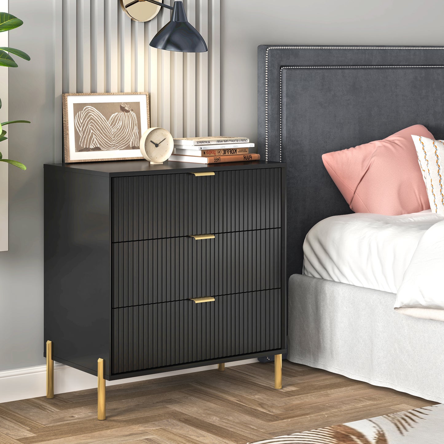 Festivo FNS23115 28" Bedroom Nightstands with 3 Drawers-Black