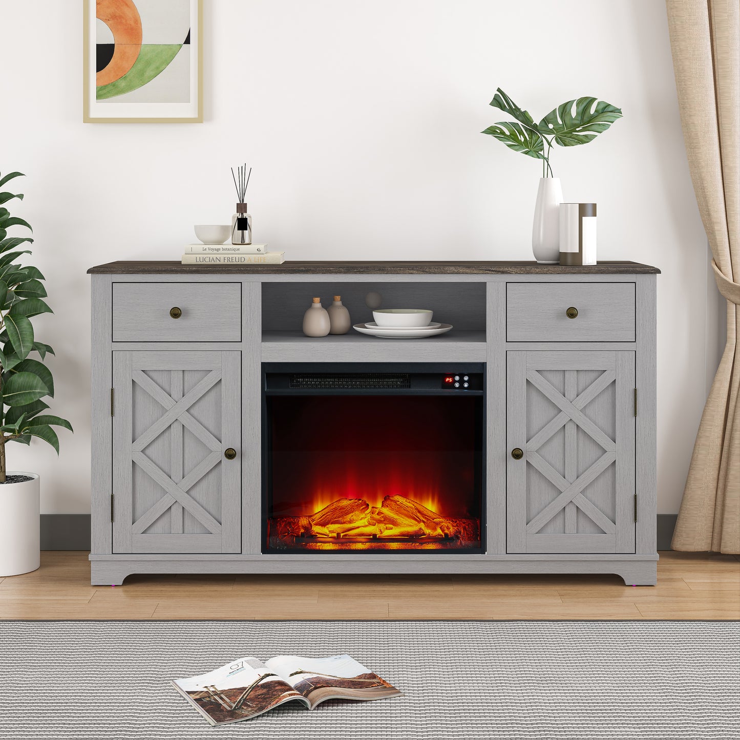 Festivo FTS23227 60" TV Stand with 23" Electric Fireplace-Grey