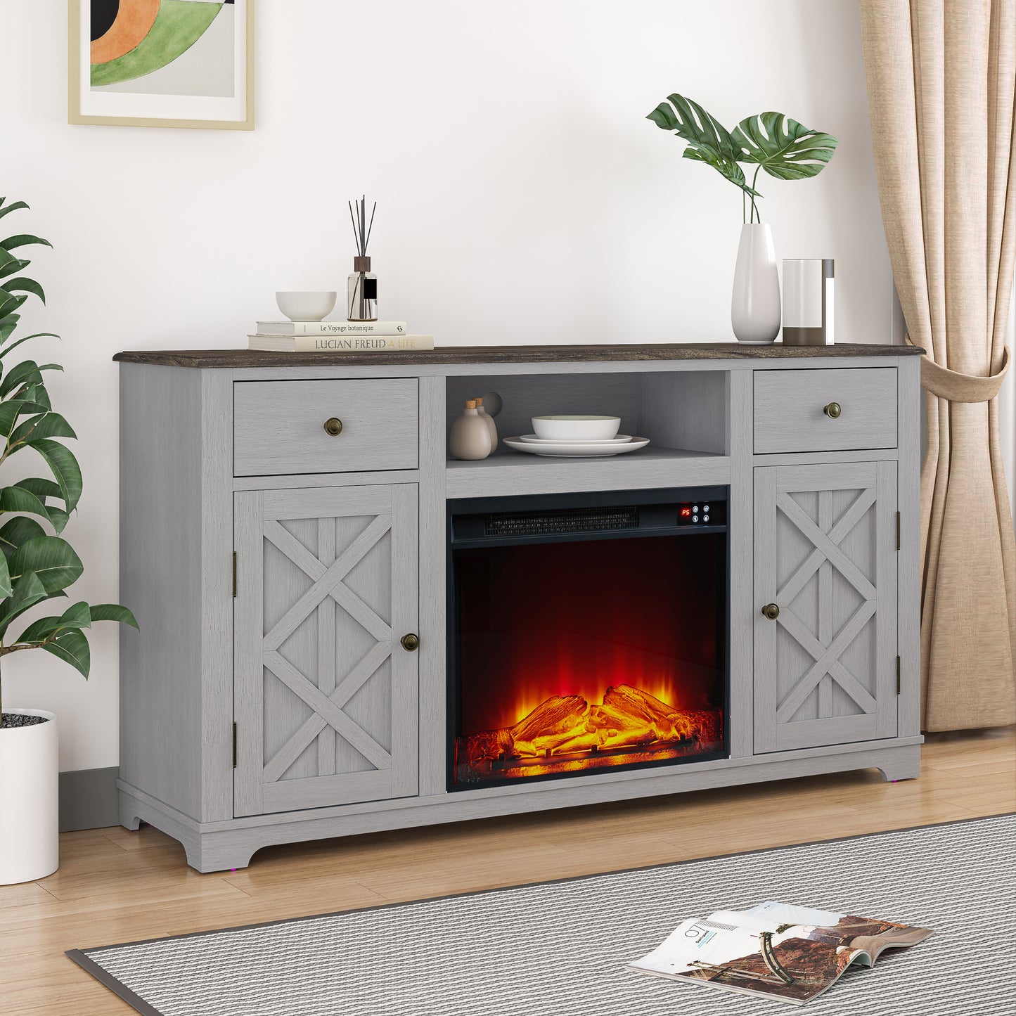 Festivo FTS23227 60" TV Stand with 23" Electric Fireplace-Grey