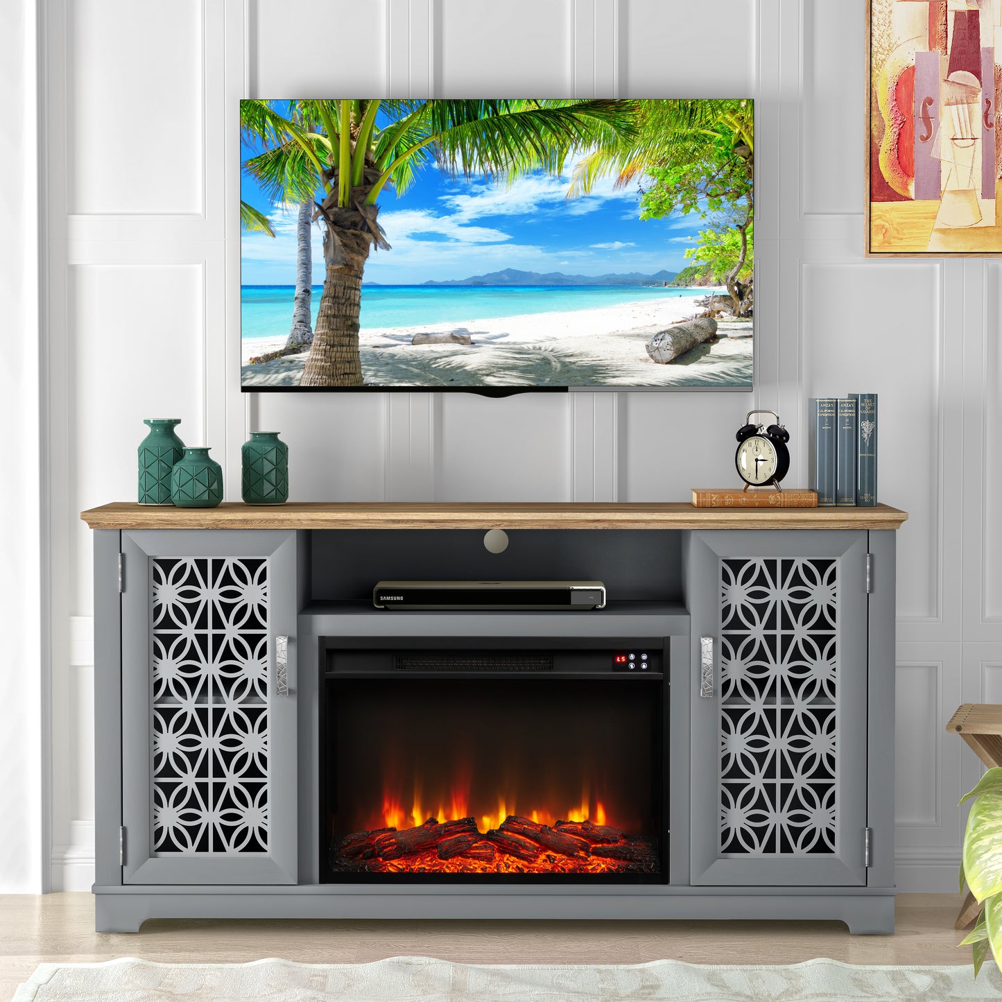 Festivo FTS23521 60" TV Stand with 26" Electric Fireplace-Grey